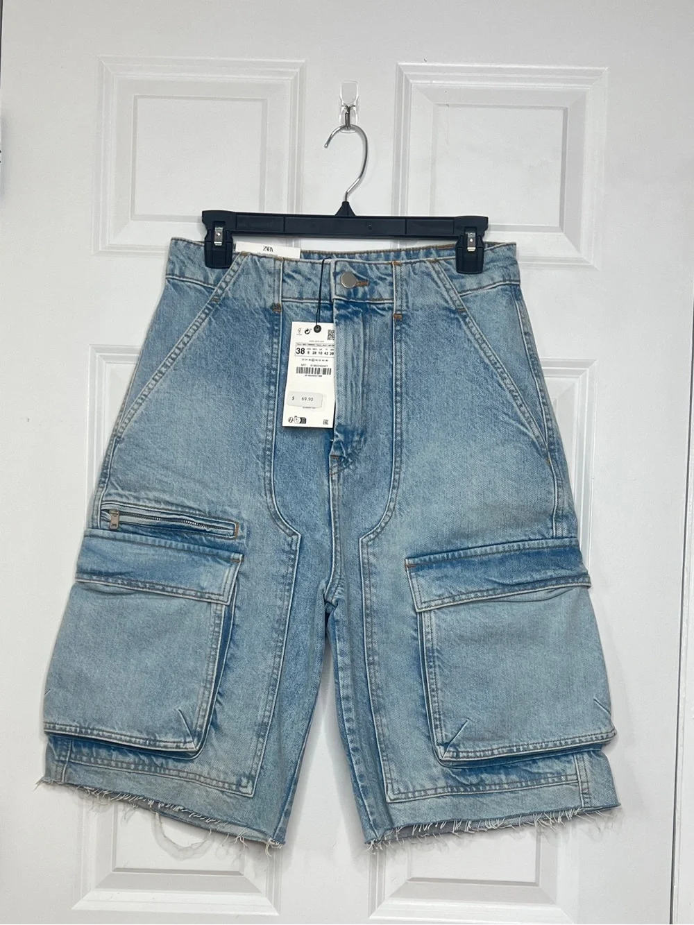 Zara Light Blue Denim Cargo Shorts with Utility Pockets - Picture 1 of 9